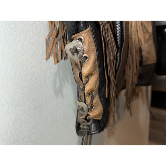 Vintage UNIK Leather Collections Fringed Concho Motorcycle Jacket Brown Black 36 - Picture 9 of 13